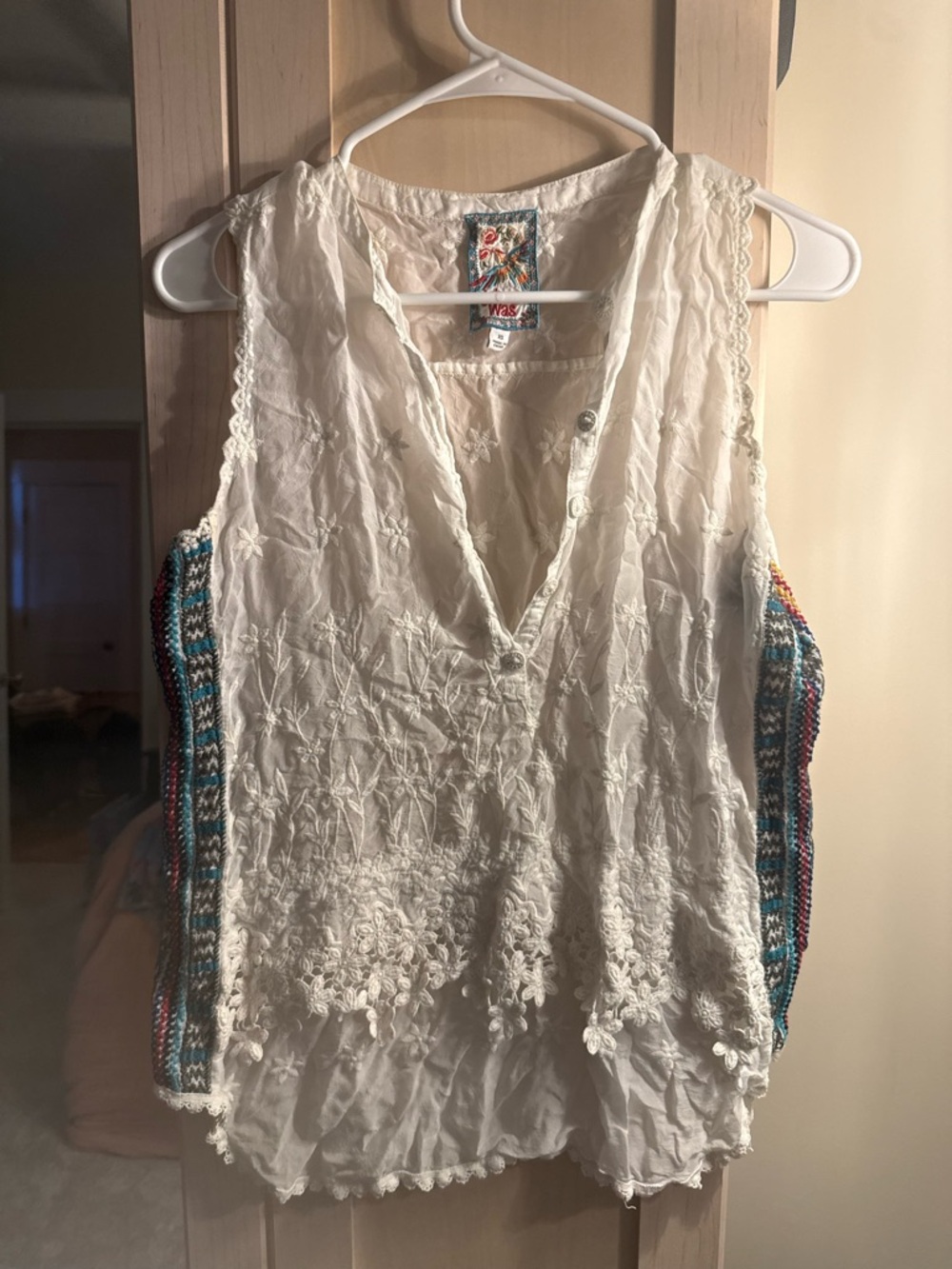 Johnny Was White Embroidered Sleeveless Camisole with Multicolor Trim
